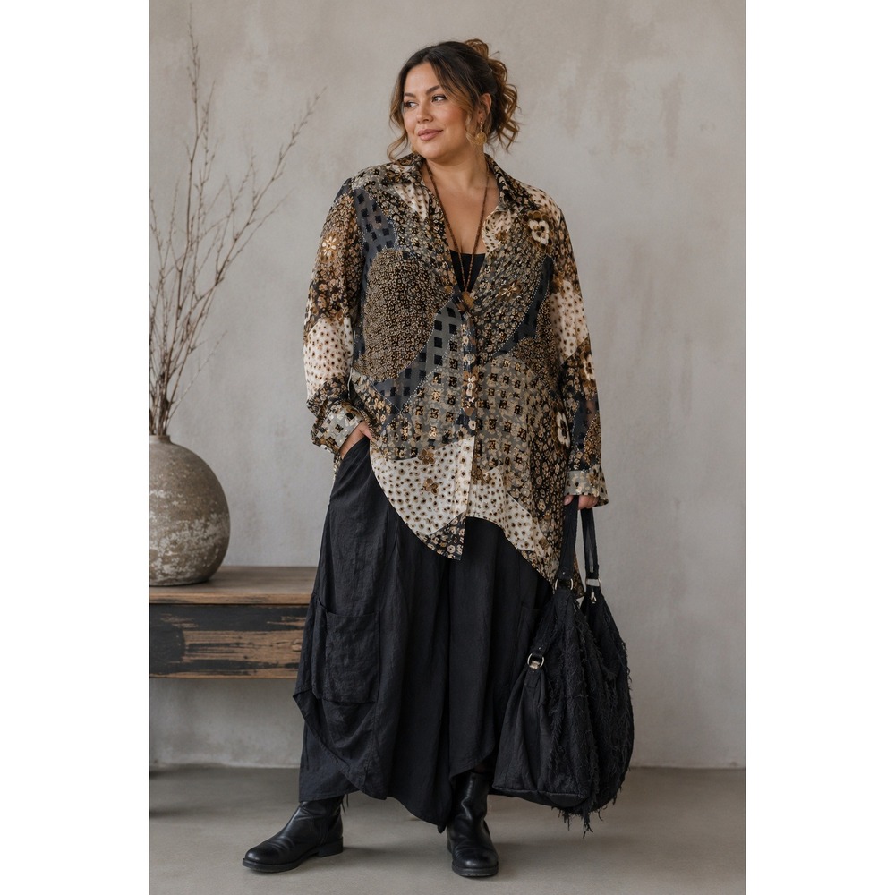 Sheer Patchwork Animal Floral Print Tunic Top 14/16 90s Y2K Glam Artsy Lagenlook
